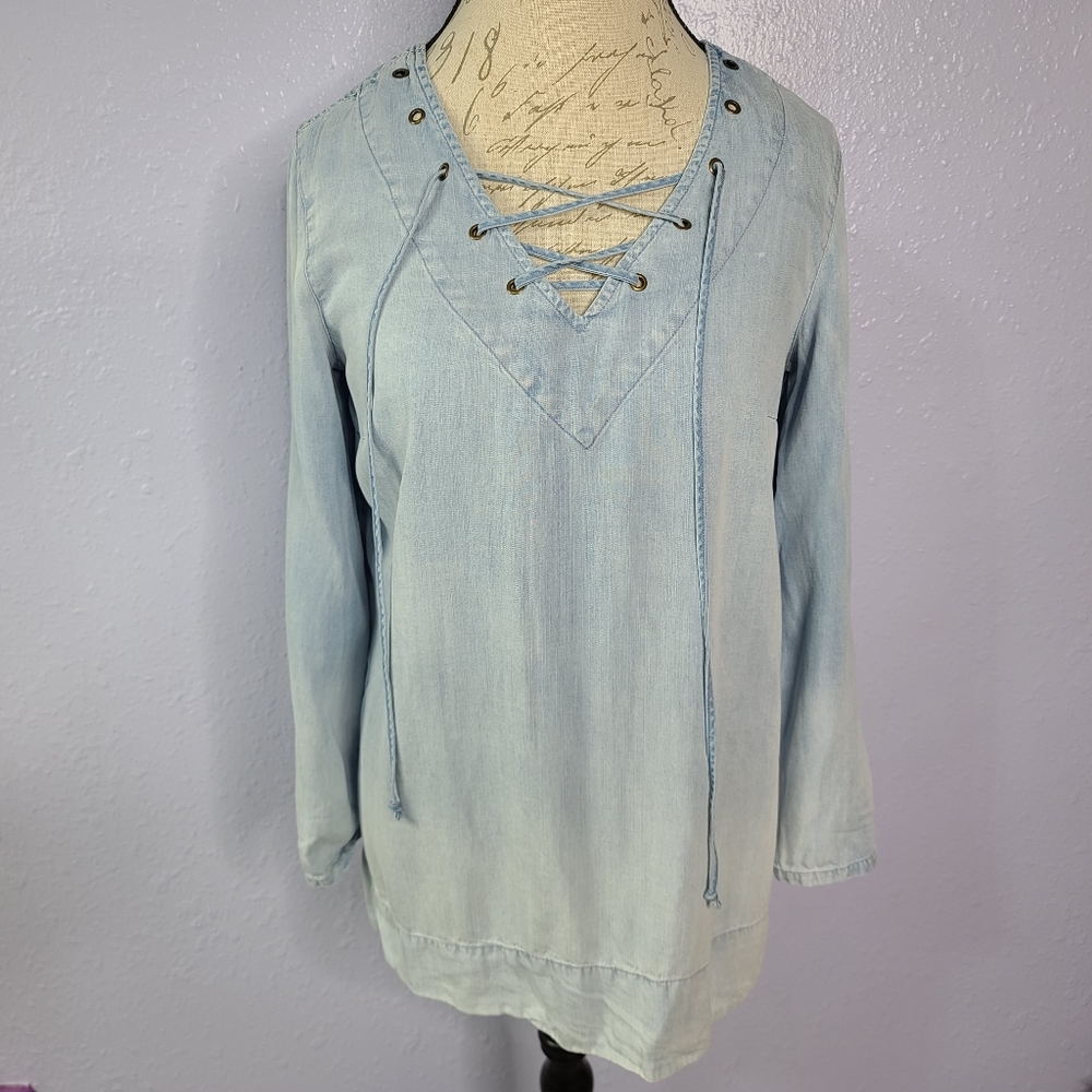 Ali Miles Lace Up Deep V Denim Long Sle Oversized